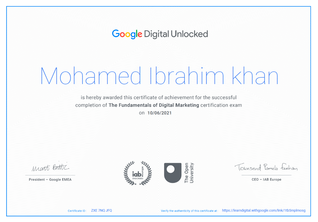 Analytics certification screenshot