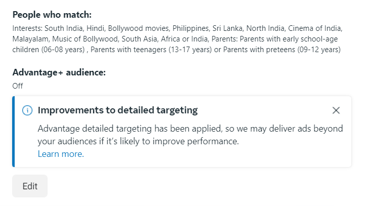 Meta detailed targeting setup screenshot