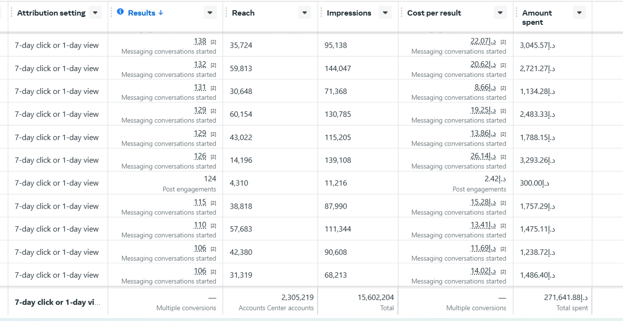 Meta campaign results screenshot